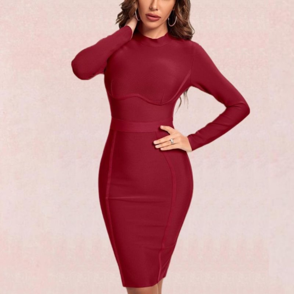 Bodycon Long Sleeve Burgundy Bandage Dress, Small